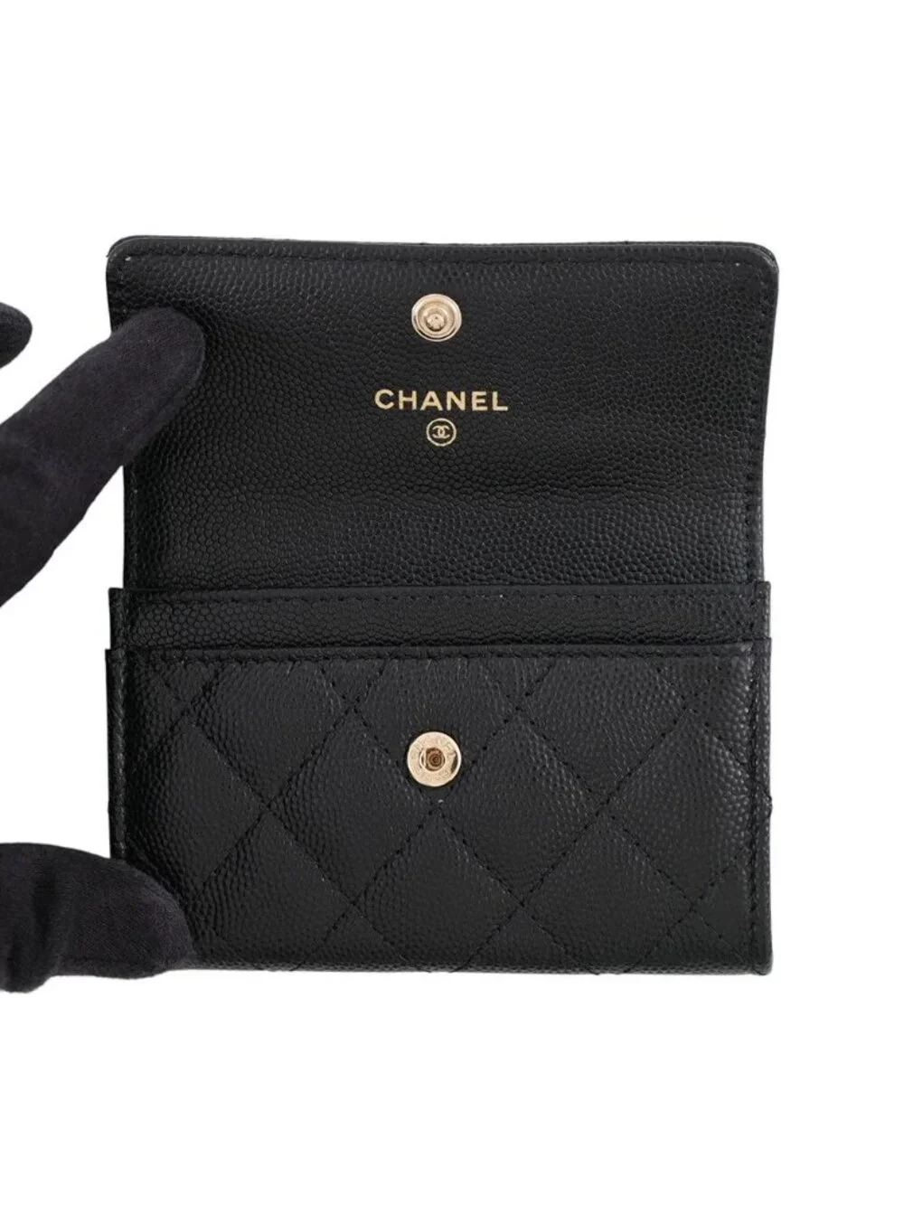 Chanel Card Case Quilted CC Logo Caviar Leather Rhinestone Business Black